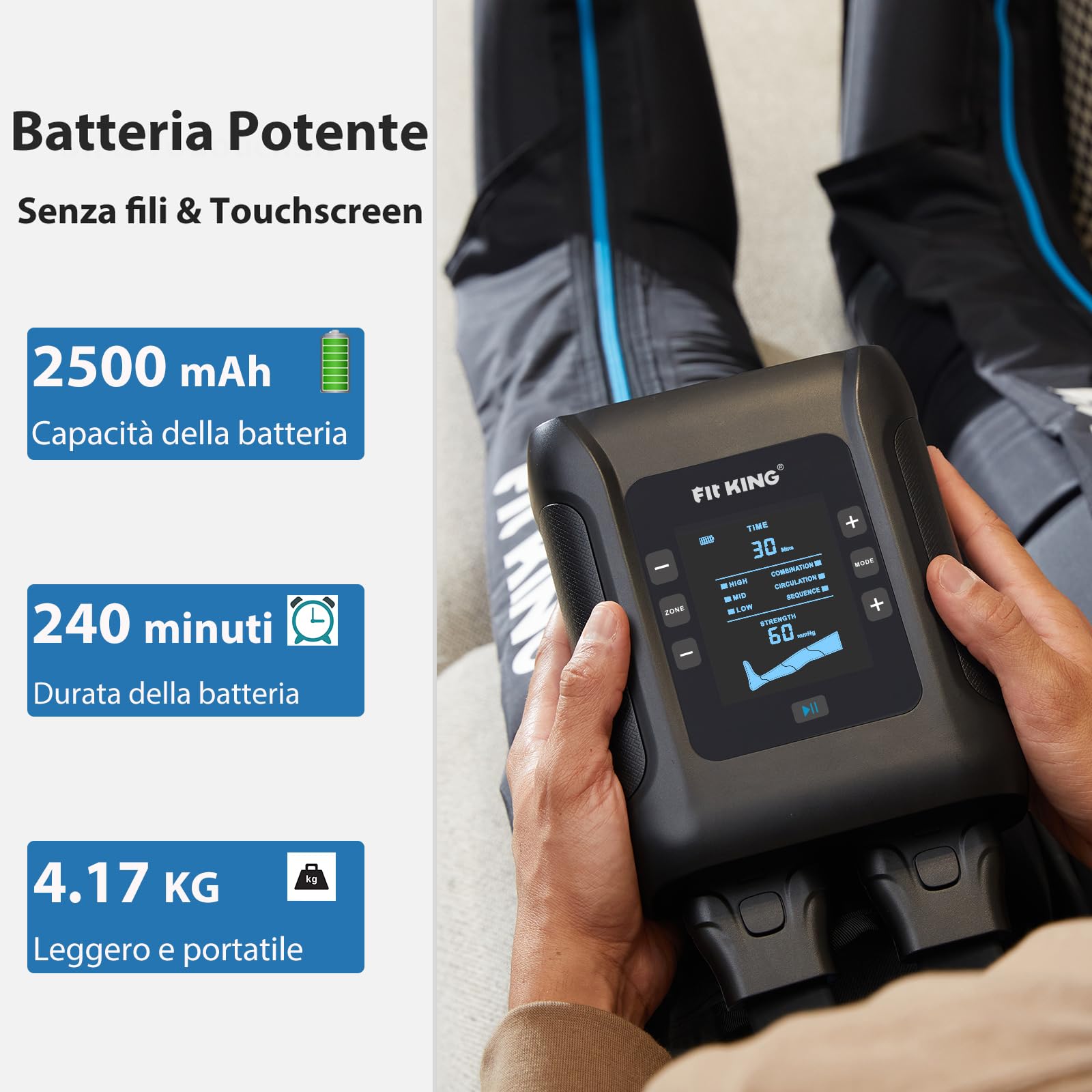 FIT KING Massaggiatore Gambe a Compressione d‘Aria Ricaricabile Senza Fili, Massaggio con 4 Zone Regolabili, 3 Modalità e 11 Intensità, Ideale per Recupero Sportivo e Relax Quotidiano (Medio)