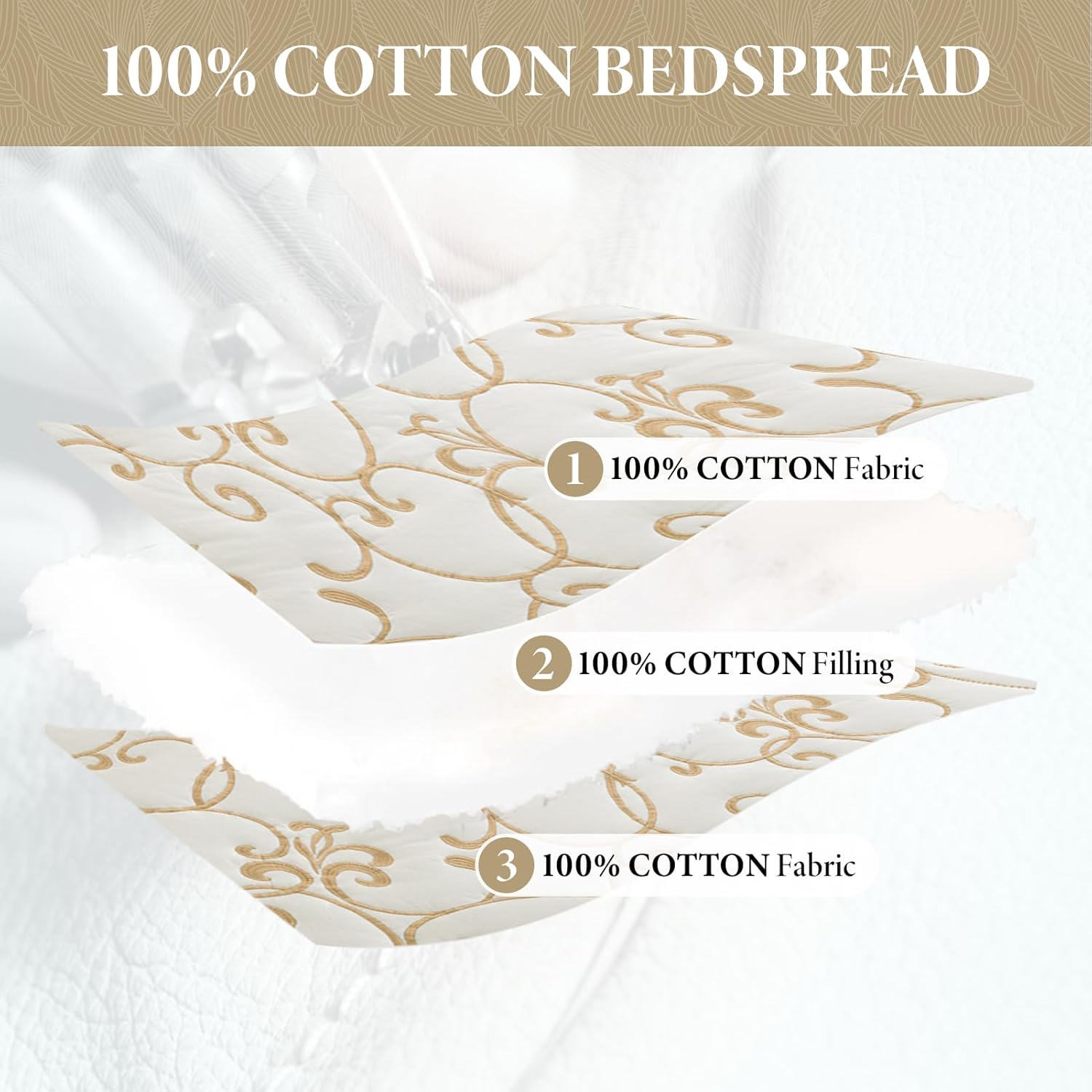 Bedduvit 100% Cotton 120"x120" Oversized California King Bedspread Coverlet Set - 3 Piece Bedspreads Cal King Size Oversized King Quilt Bedding Set, Vintage Embroidery Vine Extra Large Quilt, Beige