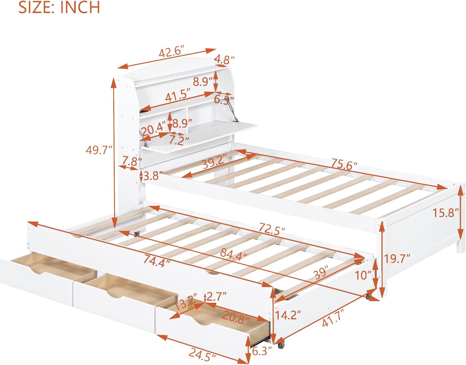 Merax Twin Size Bed Frame with Flip-Up Storage Headboard, White Twin Bed with 3 Drawers and Trundle, Wooden Bed Frame Twin a Set of Sockets & USB Ports, No Box Spring Needed