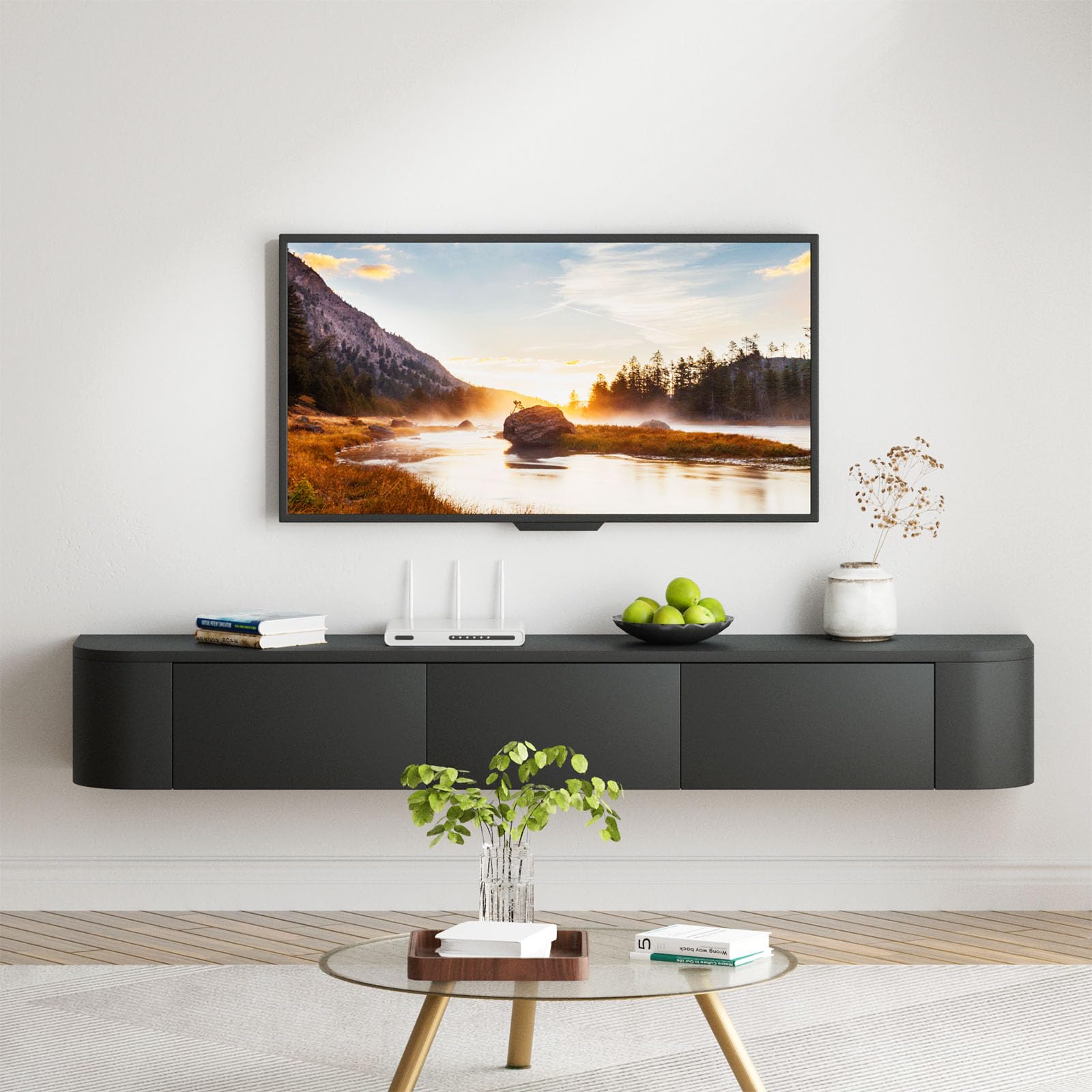 140CM Schwebender TV-Schrank, TV Board Hängend, Fernsehtisch, Lowboard, TV-Mediakonsolle, TV-Regale, Modern mit Großem Stauraum für Wohnzimmer, Unterhaltungsraum, Schlafzimmer (Schwarz)