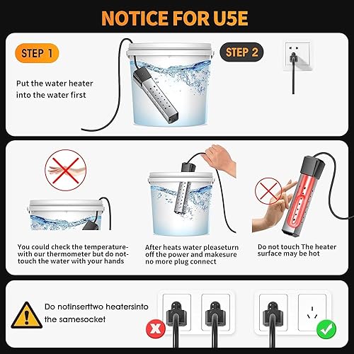 Miniatura 6 de Calentador de agua de inmersión, calentador de piscina de 1500 W, calentador de agua sumergible con revestimiento de acero inoxidable 304 con