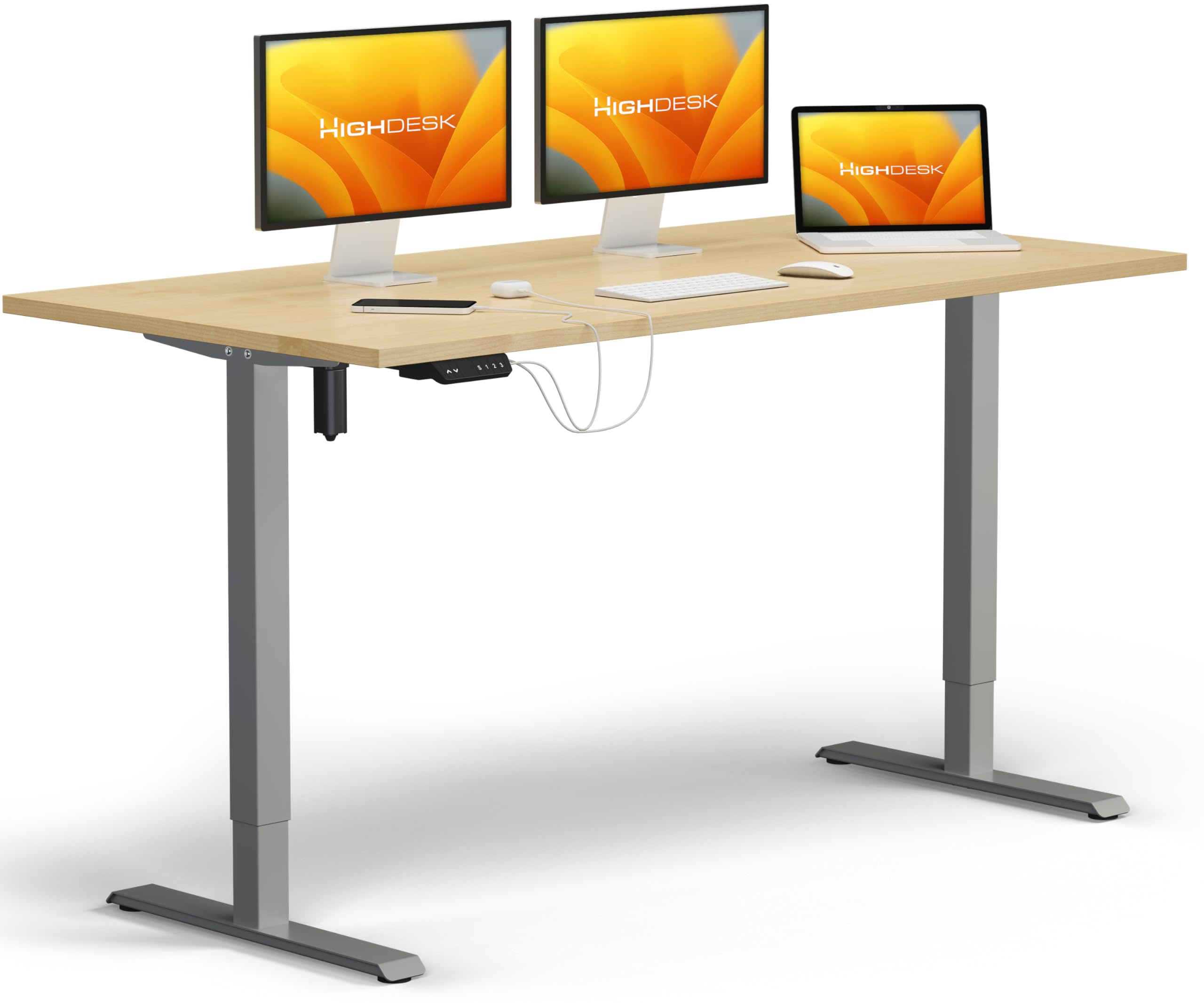 KRIEG HighDesk SMART Höhenverstellbarer Schreibtisch 180 x 80 cm I Silber + Ahorn - Elektrischer Sitz- & Stehtisch mit Tischplatte - Stehschreibtisch Elektrisch Höhenverstellbar