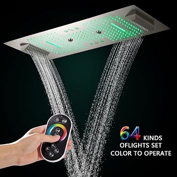 Verona 16x36 Luxury LED Shower Head with Bluetooth Speakers by Cascada Showers, 4 Functions showerhead (Rainfall, Waterfall, Mist & Side Rainfall) (Antique Brass)