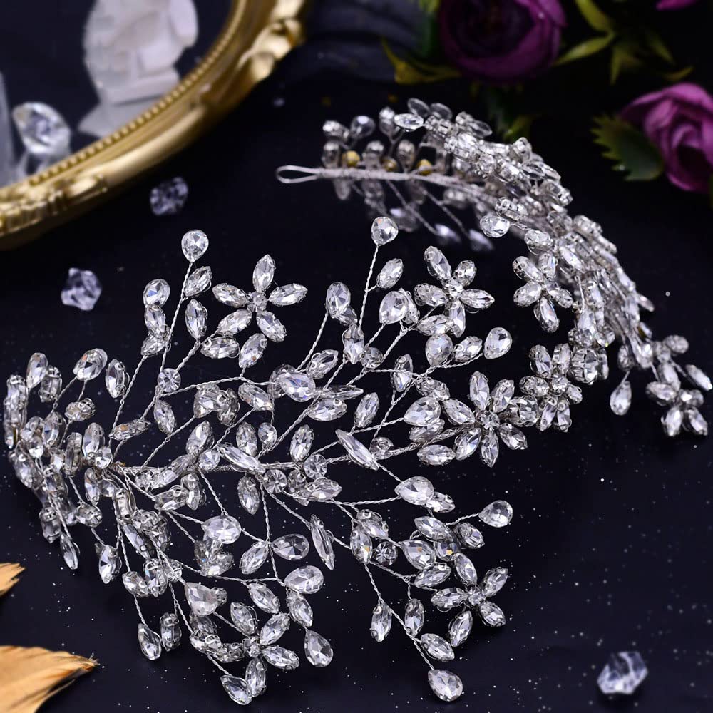 Kopfschmuck Hochzeit Braut Haarschmuck Silber Brautschmuck Haare Hochzeitsschmuck Damen Mädchen Haarreifen aus Strass Geschenk für Brautjungfern (lang 36cm/14inch)