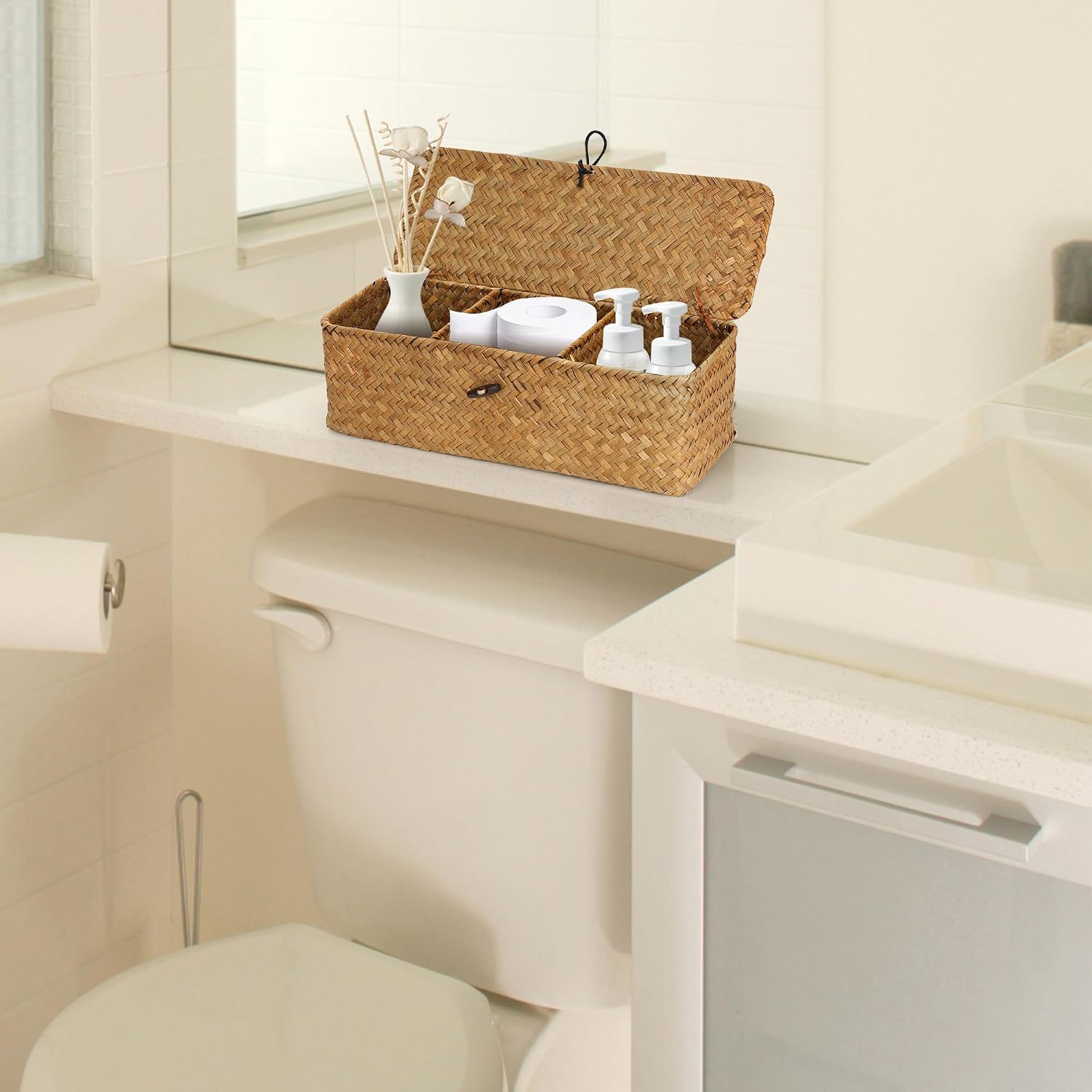 3 Compartment Woven Basket with Lid, 12.6x4.7x4.3 inch