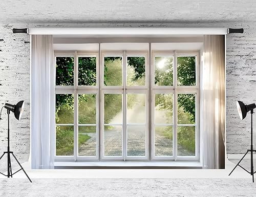 Kate Telón de fondo de ventana de resorte de 7 x 5 pies para fotografía, fondo de hierba de árbol verde para decoración interior, accesorios de