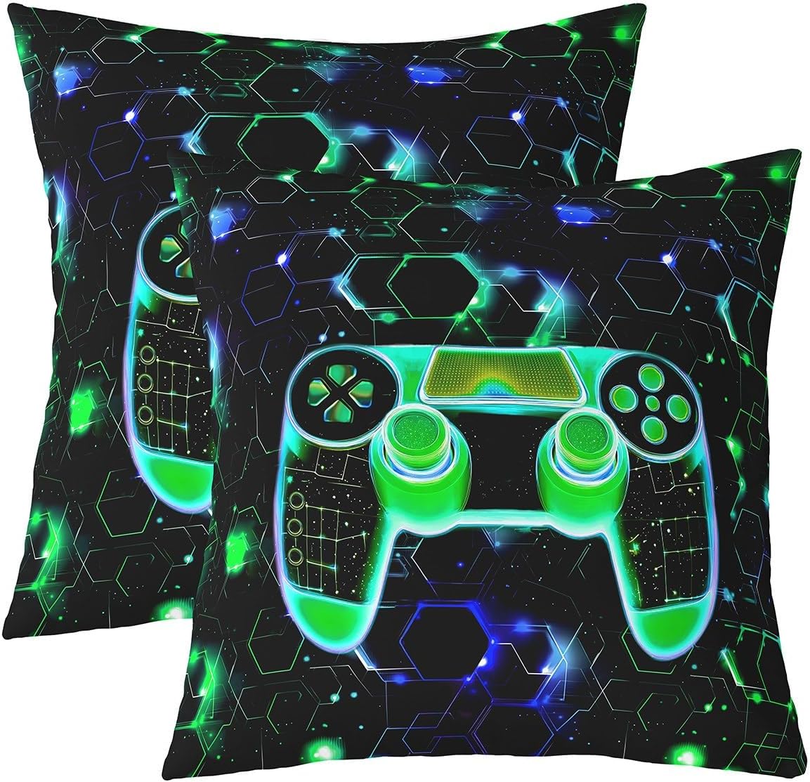 Manfei Gaming Gamepad Kids Throw Pillow Cover,Glitter Stars Neon Honeycomb Double Sides Pillow Case,Video Games Controller Console Blue Green Couch Sofa Cushion Cover,2 Pack 20"x20"