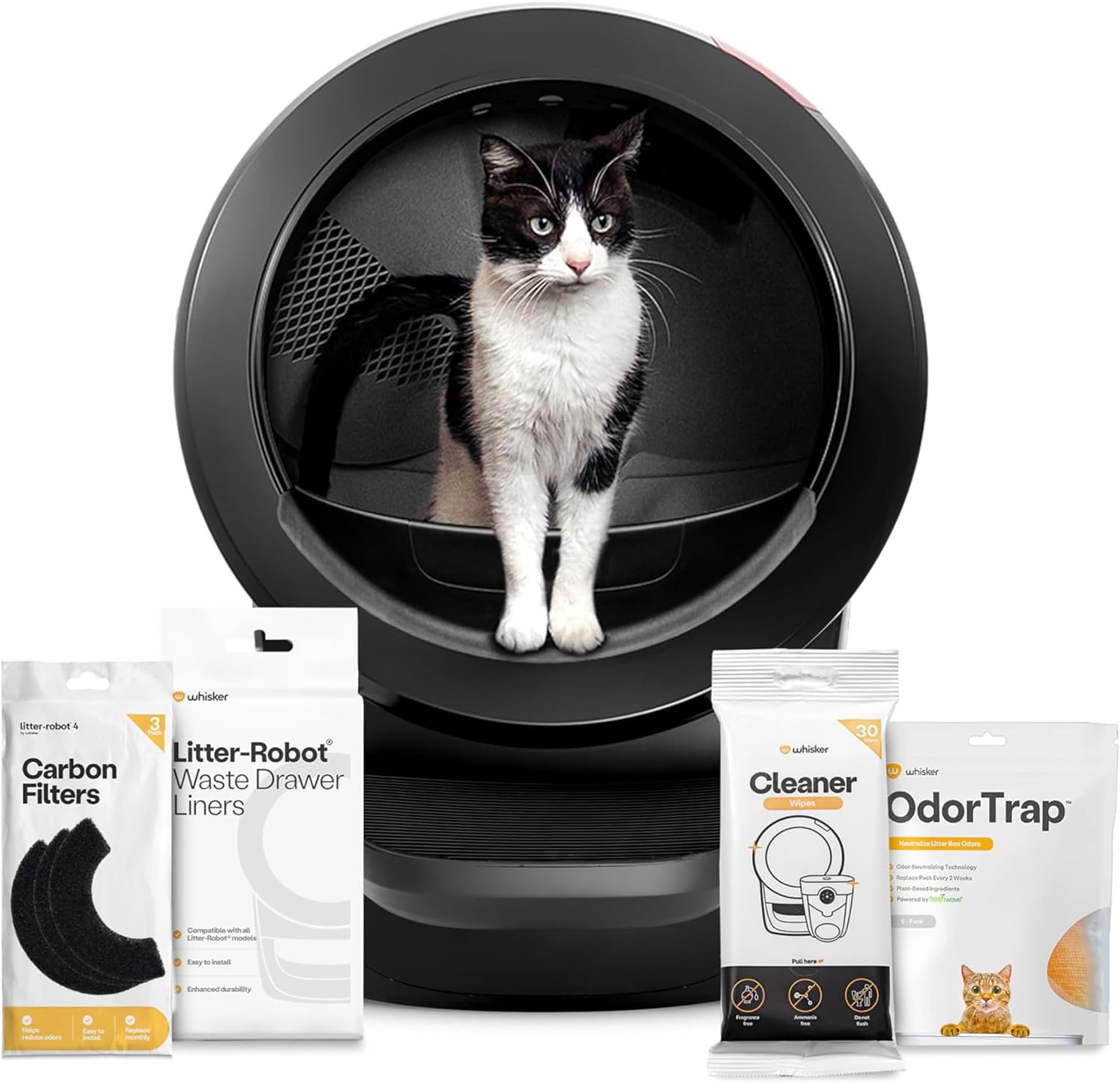 Whisker Litter-Robot 4 Supply Bundle, Black | Automatic, Self-Cleaning Cat Litter Box, Includes 3 OdorTrap Refills, 10 Liners, 30 Cleaner Wipes, & 2 Carbon Filters