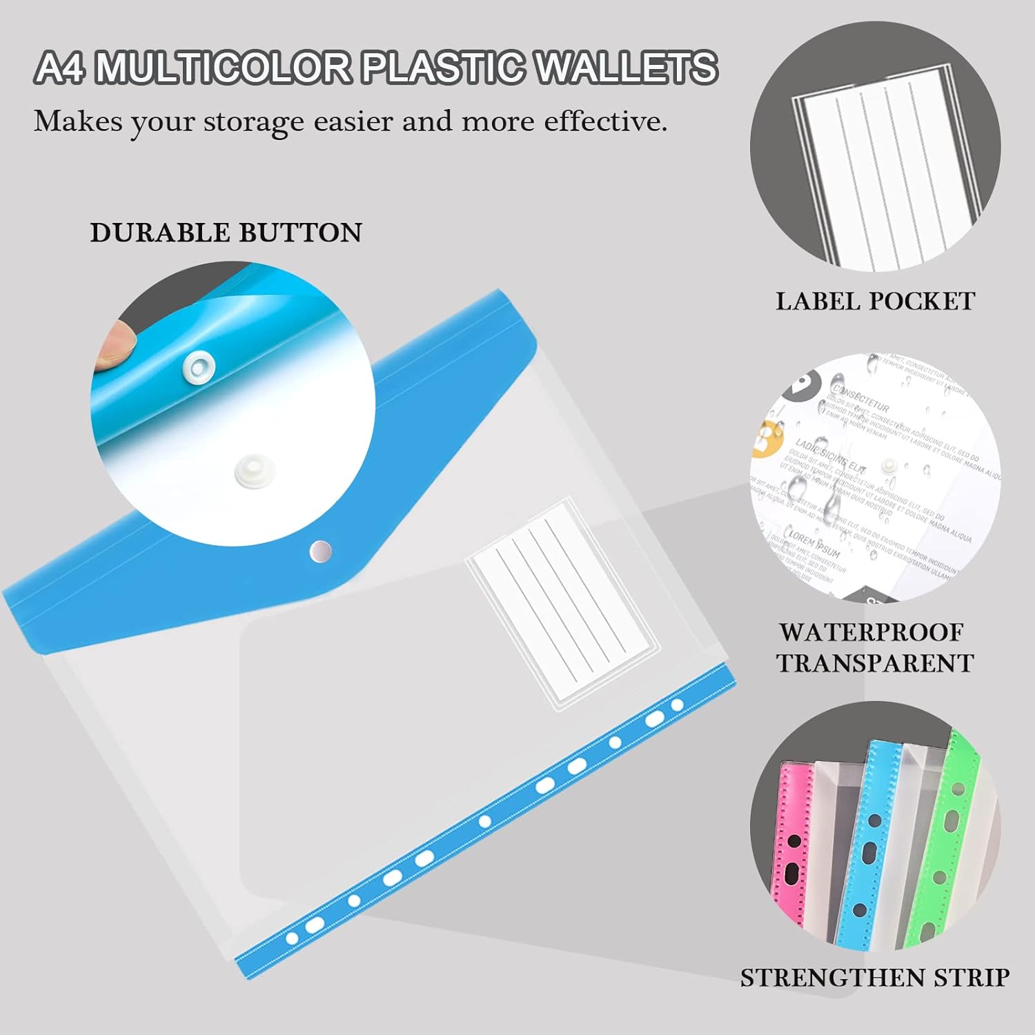 Plastic Punched Pockets A4 Plastic Wallets 12PCS Poly Pockets A4 Folder Wallets Punched Pockets