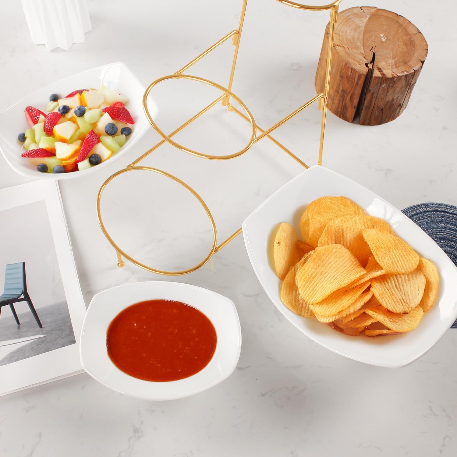 3-Tier Serving Rack with Ceramic Serving Bowls, Foldable Gold Stand with 3 Pieces 7.1"/8.5"/10.2" Large Bowls, Bowl for Food Display, Fruit, Dessert Server Display and Entertaining