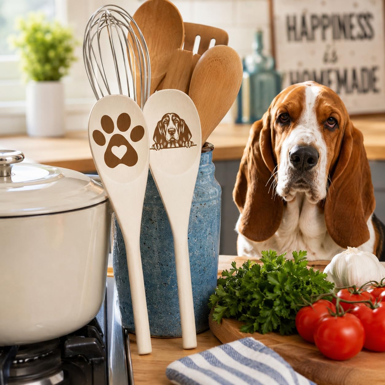 BASSET HOUND Wooden Spoons for Cooking, Serving or Decorative Kitchen Utensils Set Dog Lover Dog Mom/Dad Gift with Peeking Dog Designs, Paw Print and Dog Head, Kitchen Utensils Set of 2 image 3