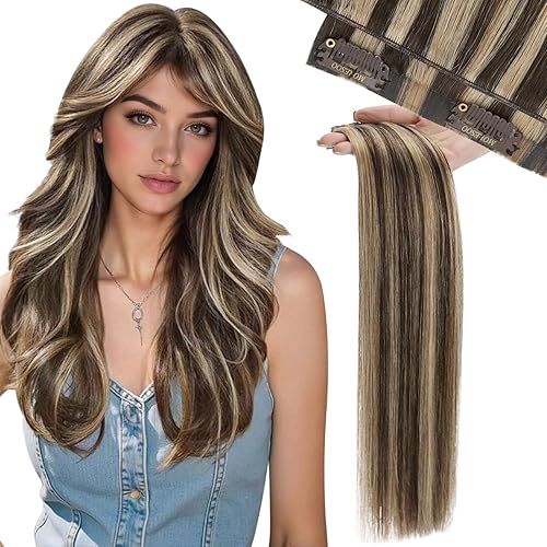 Miniatura 27 de Moresoo - Extensiones de cabello humano Remy lacio sin costuras con pinzas y trama, de poliuretano, cabeza completa, color castaño claro