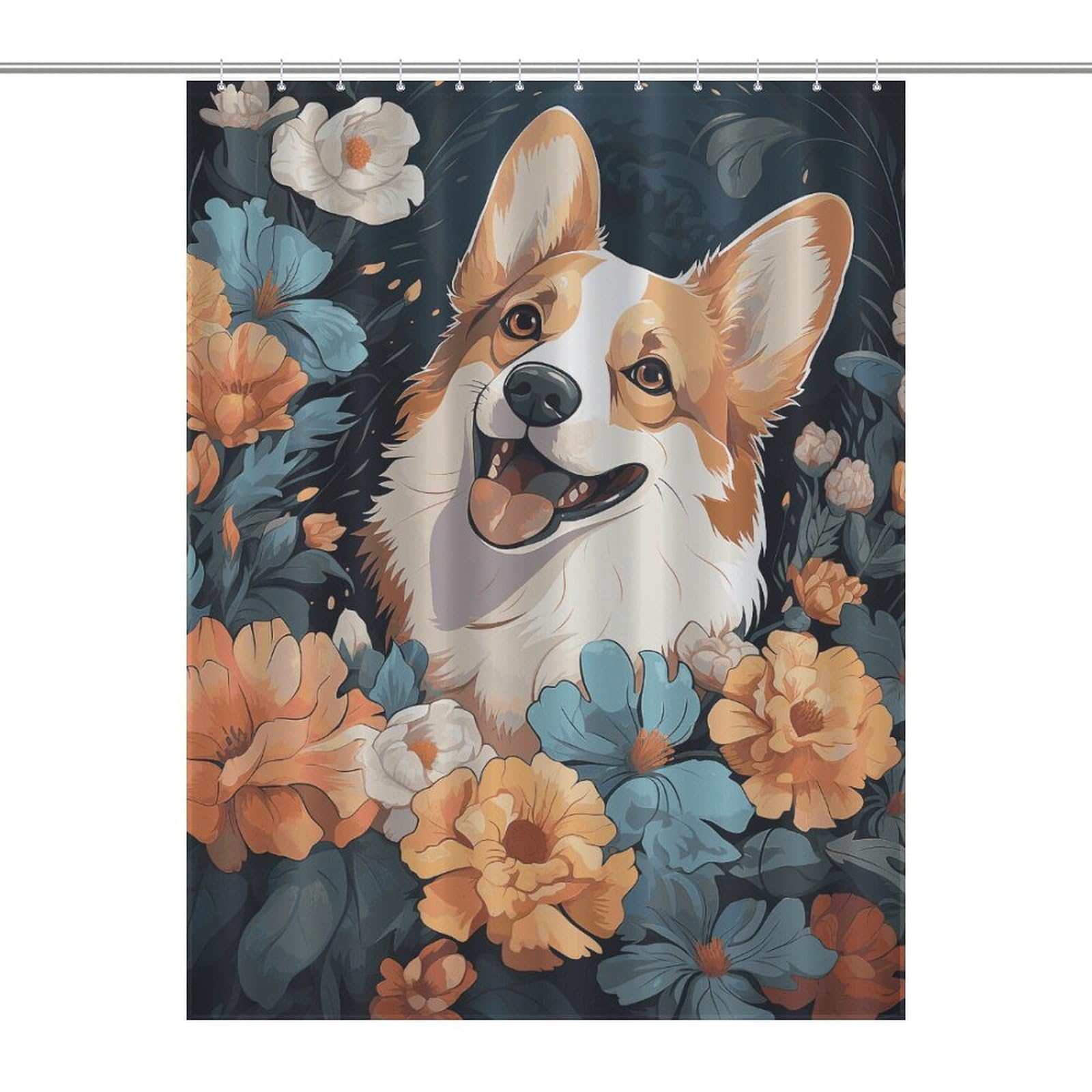 Rideau de douche imperméable Corgi lavable avec 12 crochets pour salle de bain