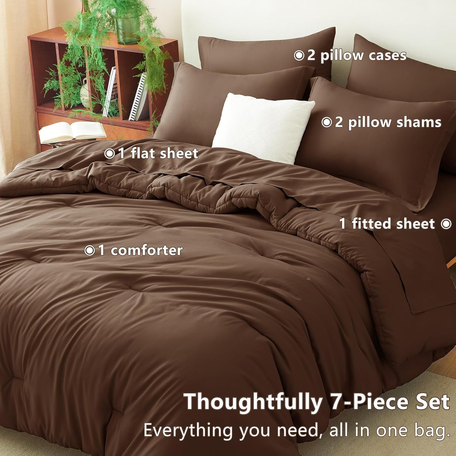 CozyLux Queen Comforter Set Brown, 7 Pieces Bed in a Bag Queen Size Comforter Set with Sheets, Bedding Sets with Down Alternative Comforter, Fitted Sheets, Flat Sheets, Pillow Shams and Pillowcases - Image 6