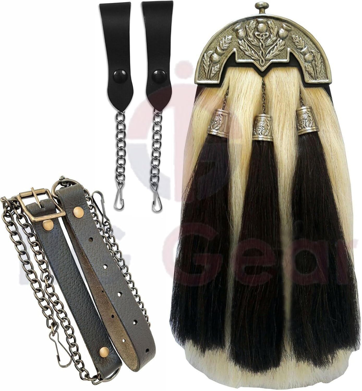 Scottish Kilt Original Long Horse Hair Dress Sporran with Unique Thistle Anemal Cantel & Three Black Hair Tassels, Large, Off-white