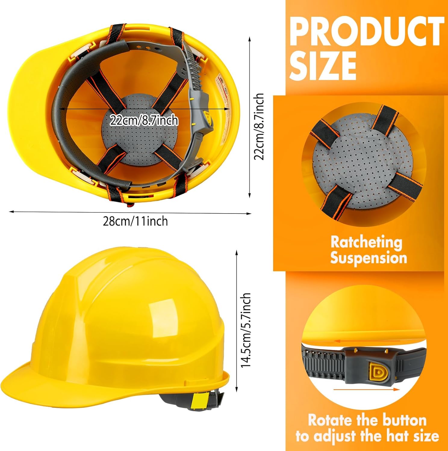 Fabbay 5 Pcs Suspension Hard Hat Ratchet Cap Style Construction Hard Hat for Safety with Cotton Brow Pad, Vents, and Flexible Attachment Points Fully Adjustable (Yellow)