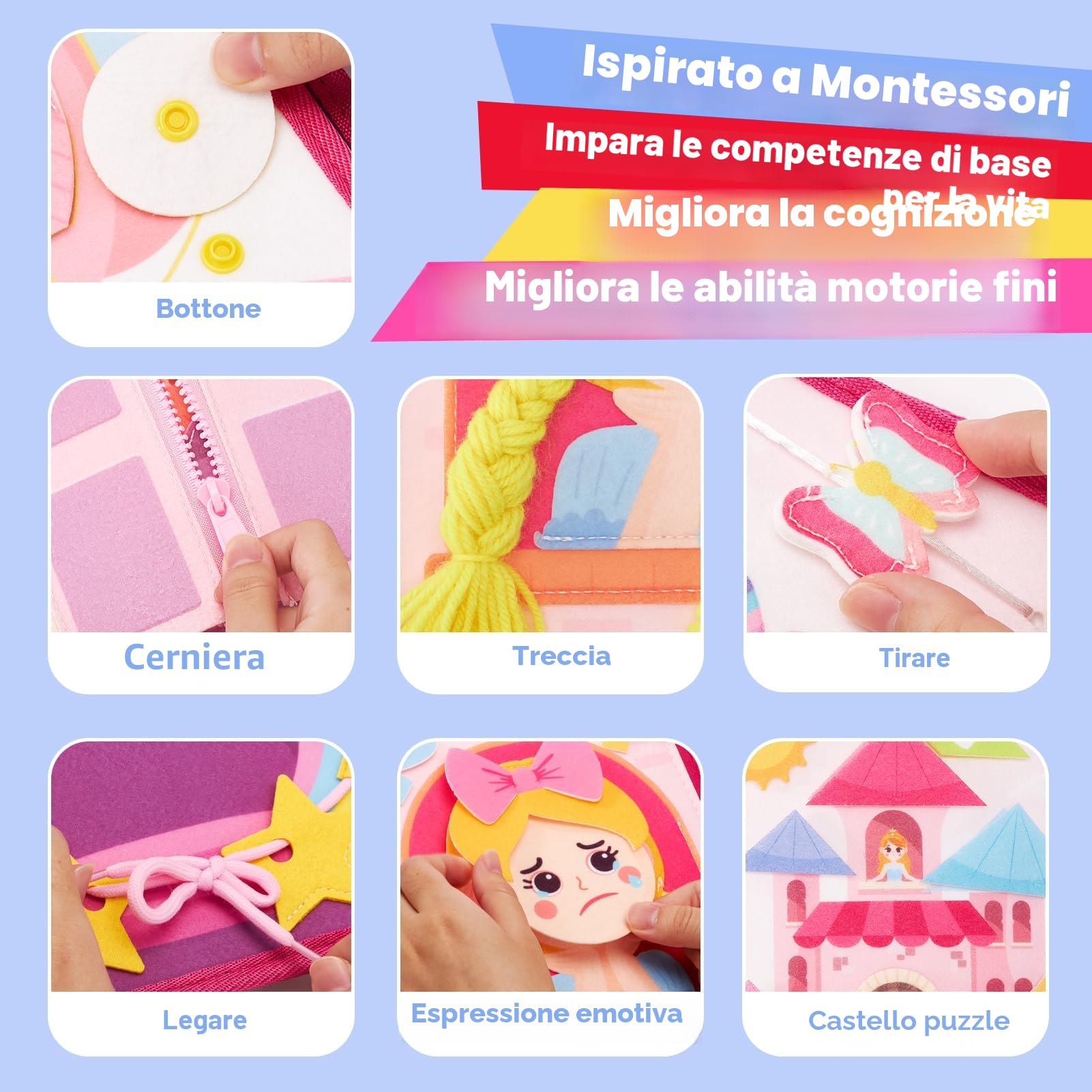 hahaland Busy Board Principessa Bambina - Libro Interattivo Pannello di Feltro Montessori Book - Giochi attività Tavolo Bimba Regalo di Compleanno 3-5 Anni | Regalo per bambina di 3 anni, giocattolo da viaggio per bambini in feltro silenzioso per attività