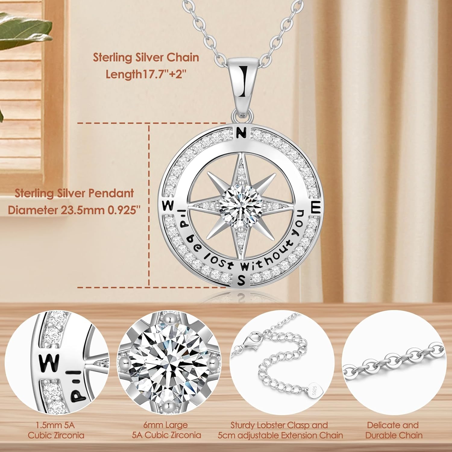 Compass Necklace Gifts for Women wife - S925 Sterling Silver Birthstone Necklaces for Women - Anniversary Birthday Gifts for Her Wife Girlfriend - Valentines Mom Mothers Day Christmas Gifts Jewelry for Women - Image 4