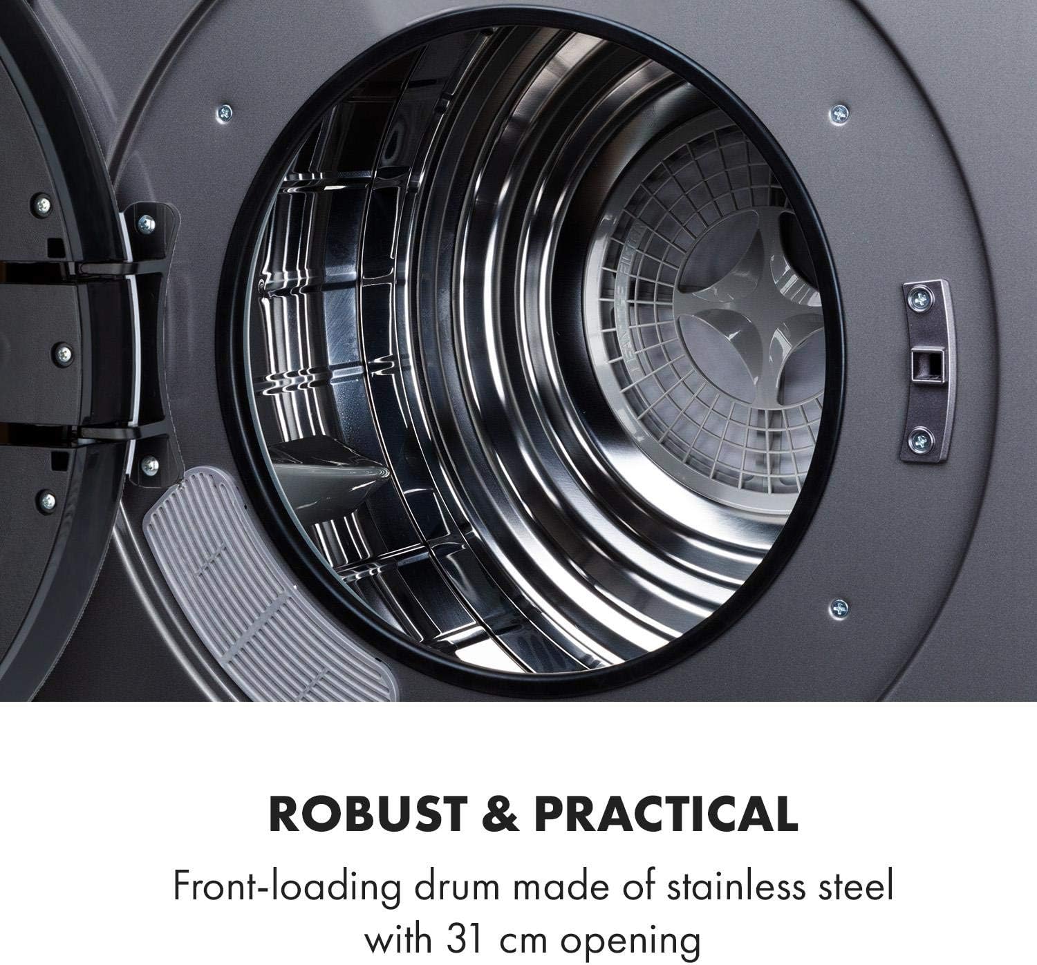 Close-up of the open drum of the Klarstein EZ Dry dryer, showing the stainless steel interior and 31 cm opening.