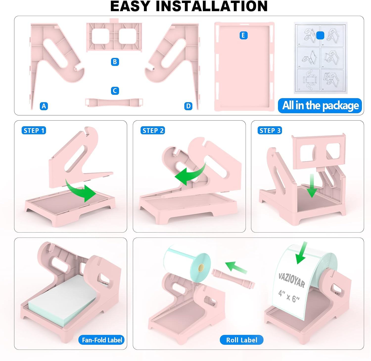 Thermal Label Holder for Rolls and Fan-Fold Labels, Sticker Roll Holder Work with Desktop Label Printer, Label Stand Shipping Supplies for Home Office(Pink) image 4
