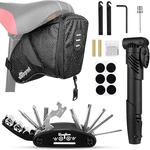 WOTOW Kits de reparación de neumáticos de bicicleta, bolsa impermeable para sillín de bicicleta y mini bomba de 120 psi, palanca multifuncional para