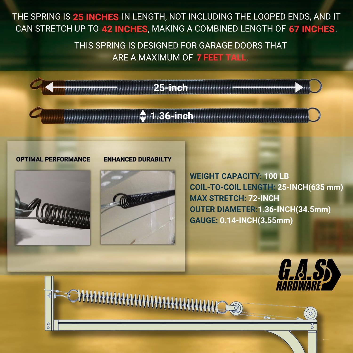 Heavy-Duty Double-Looped Garage Door Extension Springs Bundle 100 lb (Tan) Springs, 3" Pulleys, and Extension Cables for 7' Feet Garage Door | Garage Door Hardware Parts