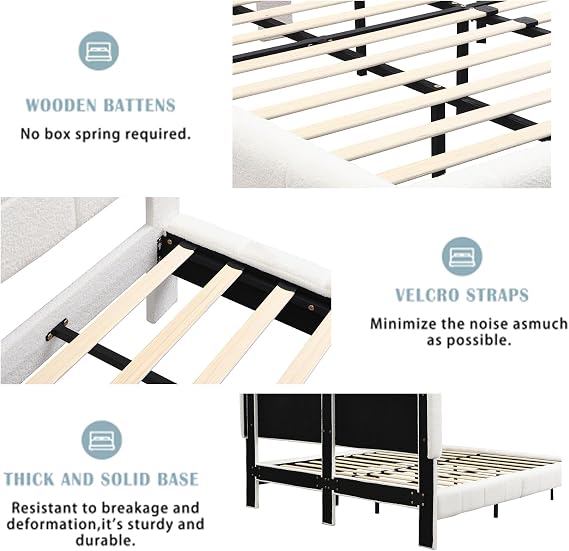Queen Floating Bed Frame, Boucle Upholstered Platform Beds Frames with Cloud Headboard, 7 Storage Space & LED Lights Under the Bed for Bedroom No Box Spring Required, Easy Assembly (White, Queen)