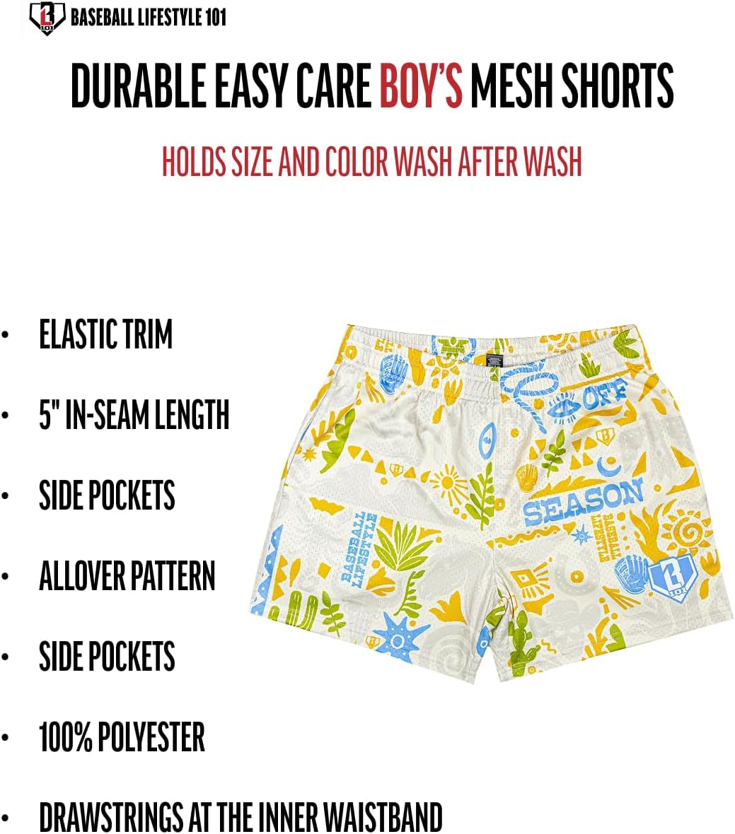 Baseball Lifestyle 101 Boy's Cactus Curve Mesh Shorts with Side Pockets and Elastic Waist, 5 in Inseam S-XL Sizes