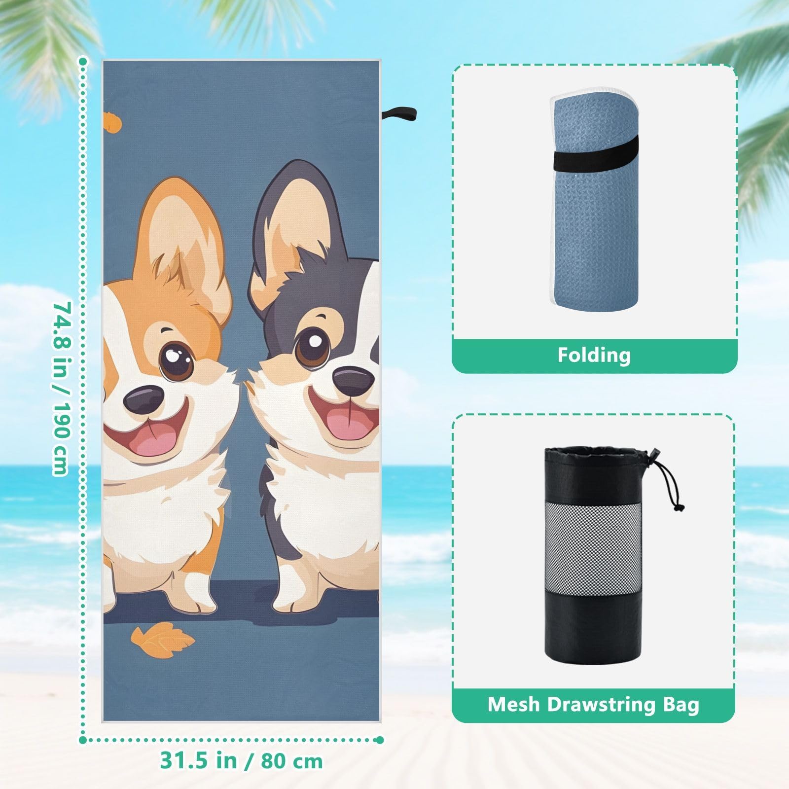 Toallas de playa grandes con bolsas de malla para adultos, toalla de baño de perros Corgi con cierre magnético, toalla absorbente de secado rápido para piscina, camping y viajes, 190 x 80 cm