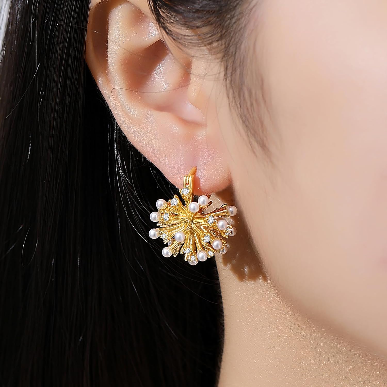 Gold Statement Earrings for Women, Firework Cubic Zirconia Stud Earrings 18K Gold Plated Dainty Jewelry For Women - Image 4