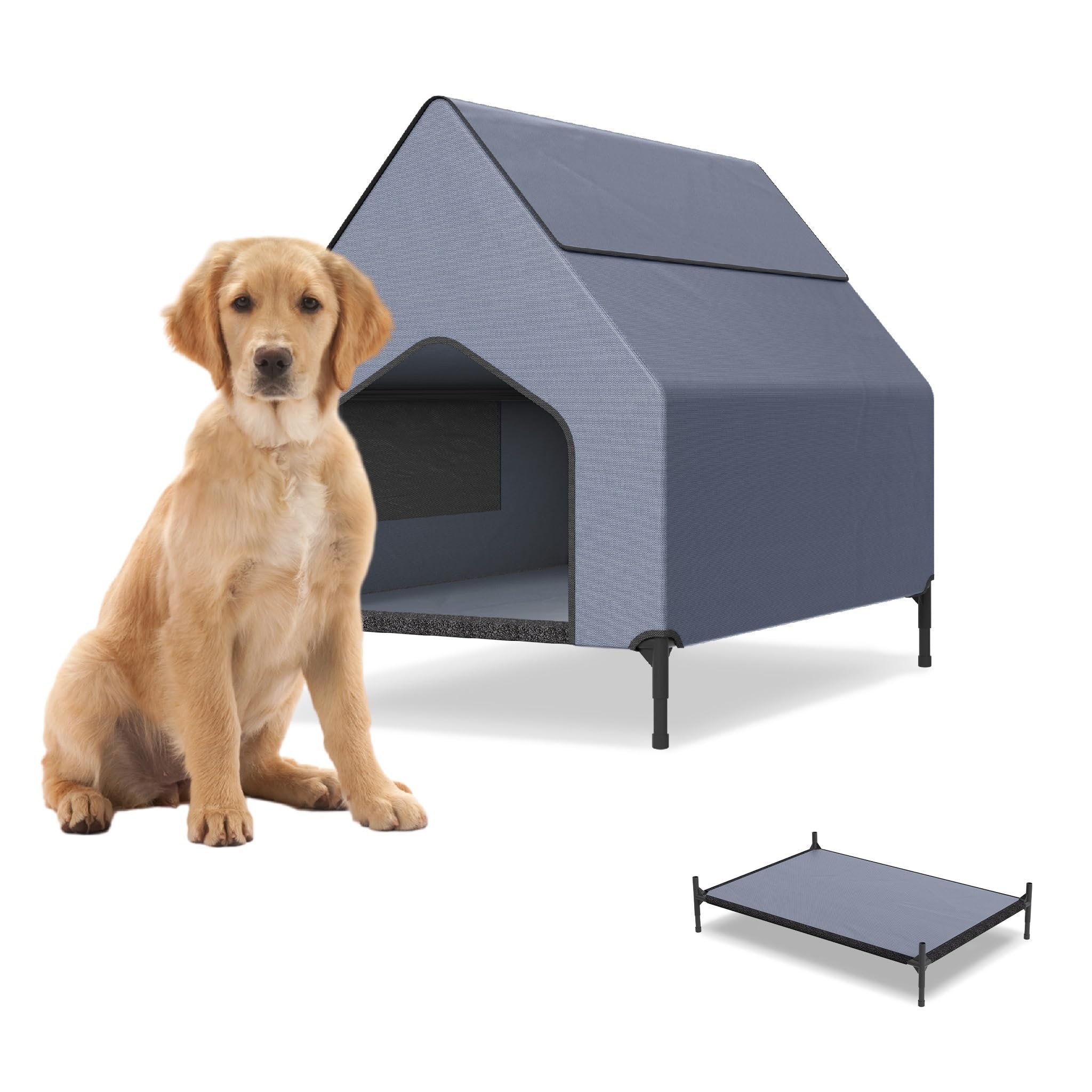 UISEBRT Zadaszone i Podwyższone Legowisko dla Psa 2 w 1 ze Zdejmowaną Pokrywą, Namiot Outdoorowy dla Małych i Średnich Psów do 80 kg, 130 x 84 x 104 cm