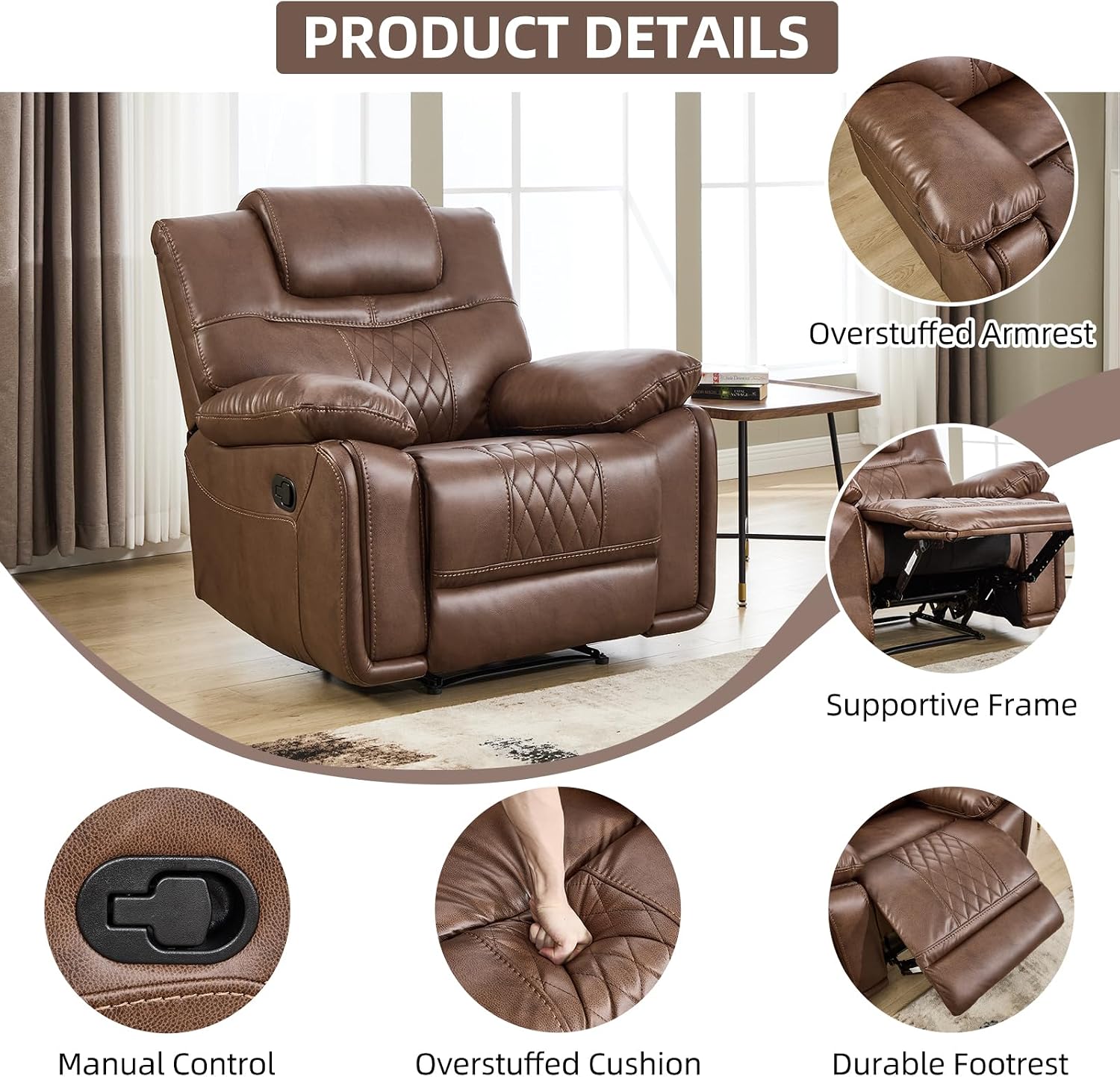 EBELLO Faux Leather Manual Recliner Chair, Overstuffed Reclining Sofa with Comfortable Armrest and Backrest, Single Couch for Living Room, Brown