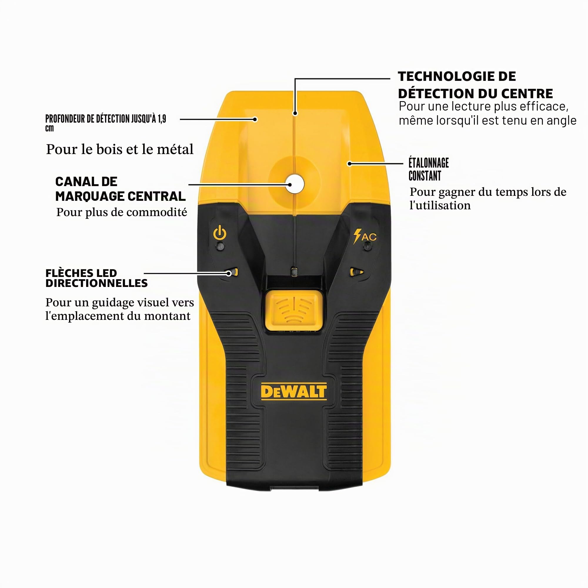 DEWALT Détecteur de Goujons 1,9 cm DW0100 avec flèches LED pour Bois et Métal