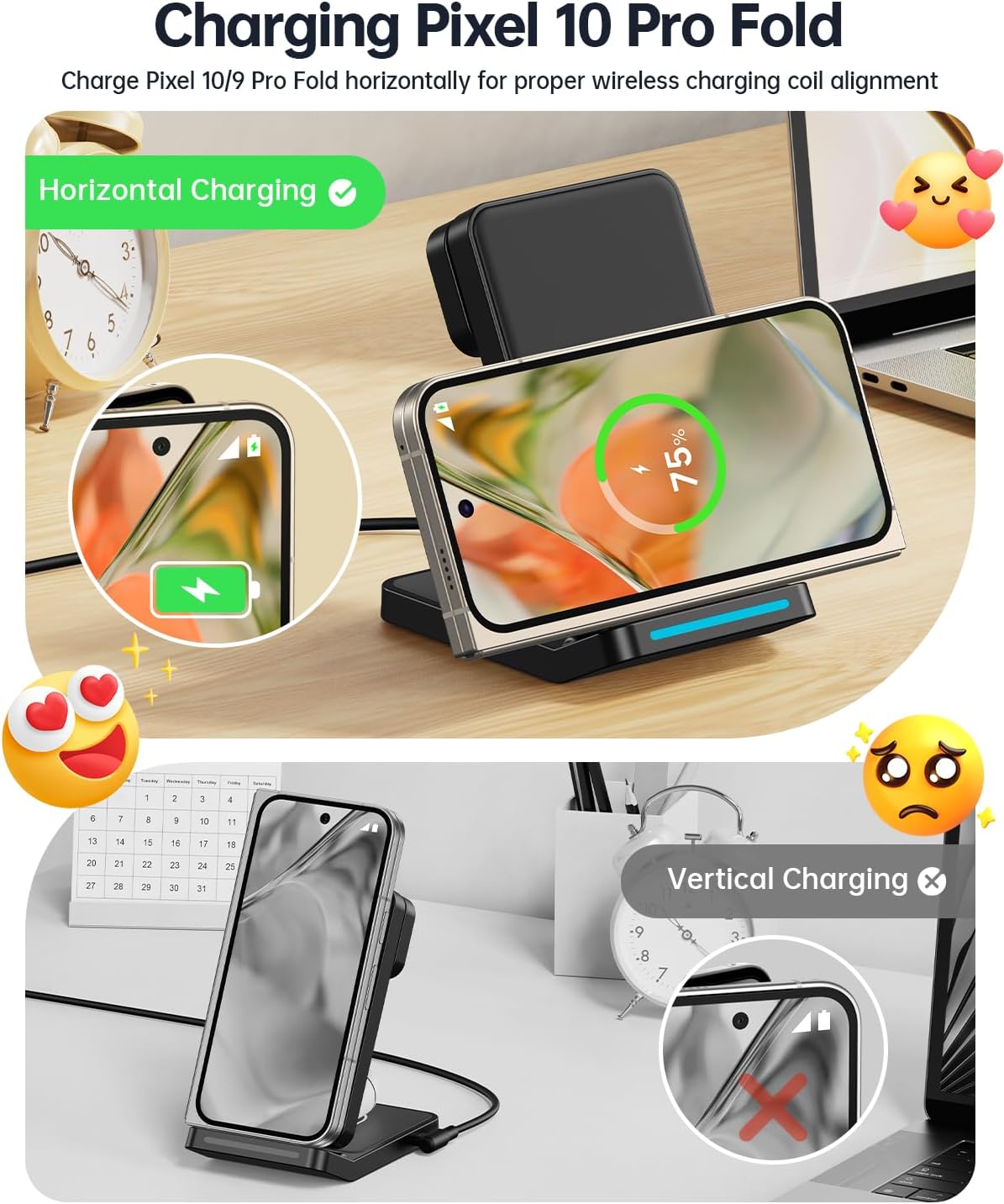 3 in 1 Foldable Wireless Charger for Google Pixel Watch 3/2(Not for Pixel Watch 4/1), Fast Charging Station Stand for Pixel 10 Pro XL/9/8/7 Pro/9a/8a/6 Pro and Buds with QC Adapter for Travel, Black