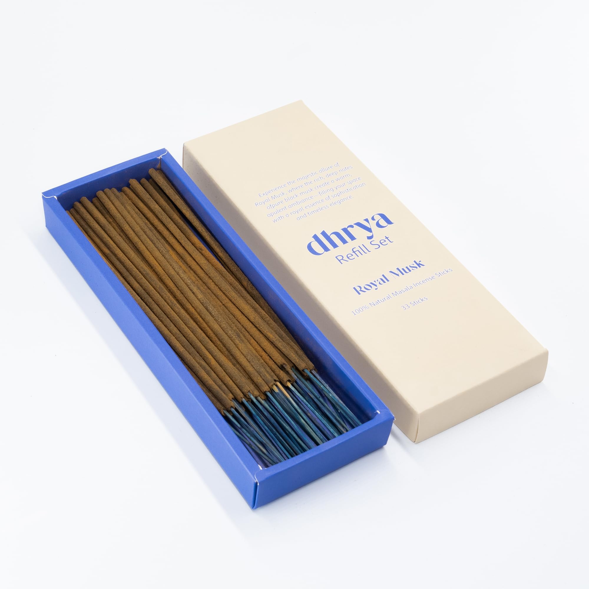 Dhrya Blue Royal Musk Luxury Incense Stick Refills – Hand-Made Natural Masala Incense, Organic, Charcoal-Free, Pure Musk Aroma (33 Refill Sticks Only)