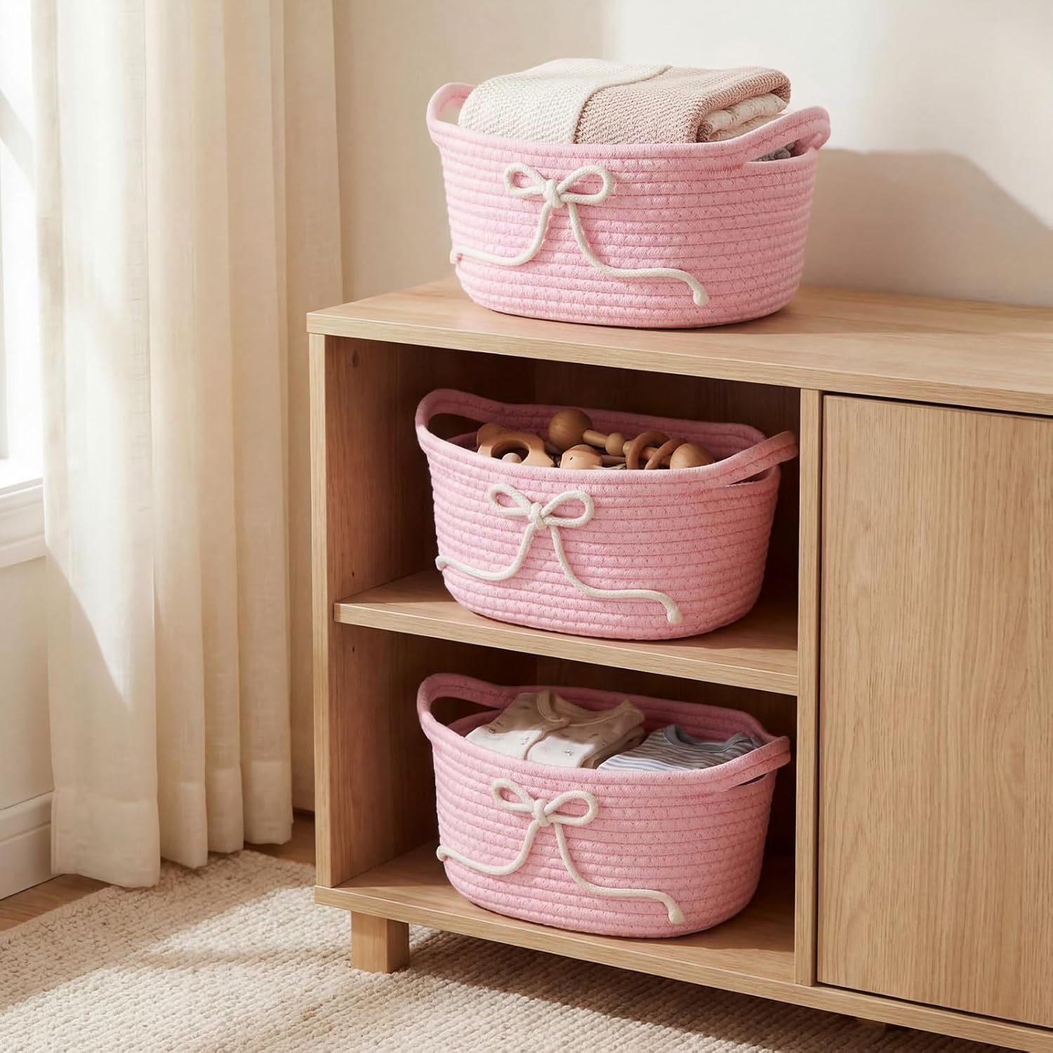 Glooglitter 3 Pcs Pink Bow Storage Baskets Woven Cotton Rope Laundry Hamper with Handles for Home Decor Organization Baby Room Bedroom (Solid Color)