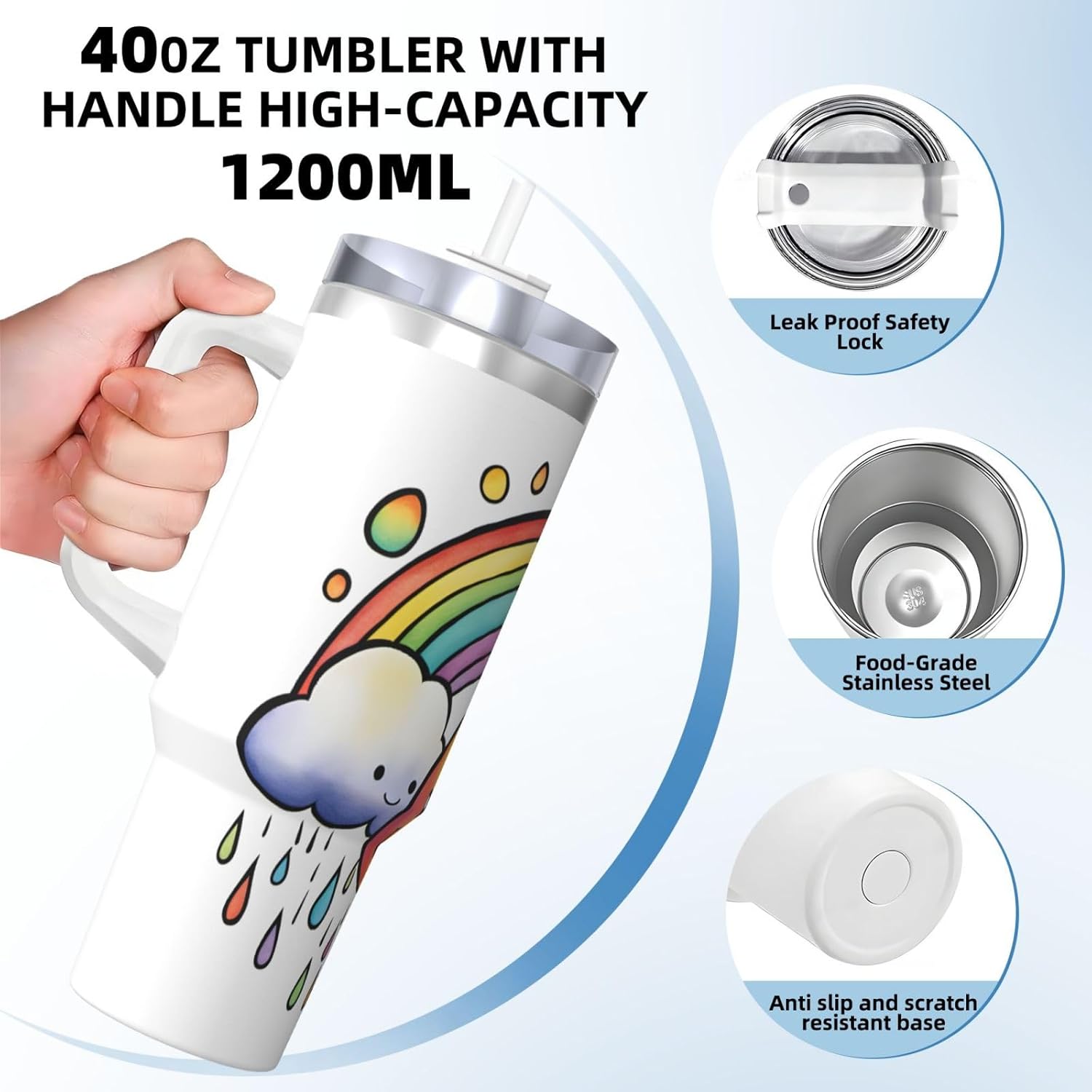 40 OZ Rainbow Clouds Raindrop 1 Print Ice Bully Cup with Handle Straw Lid Straw,Stainless Steel Tumbler Coffee Cup