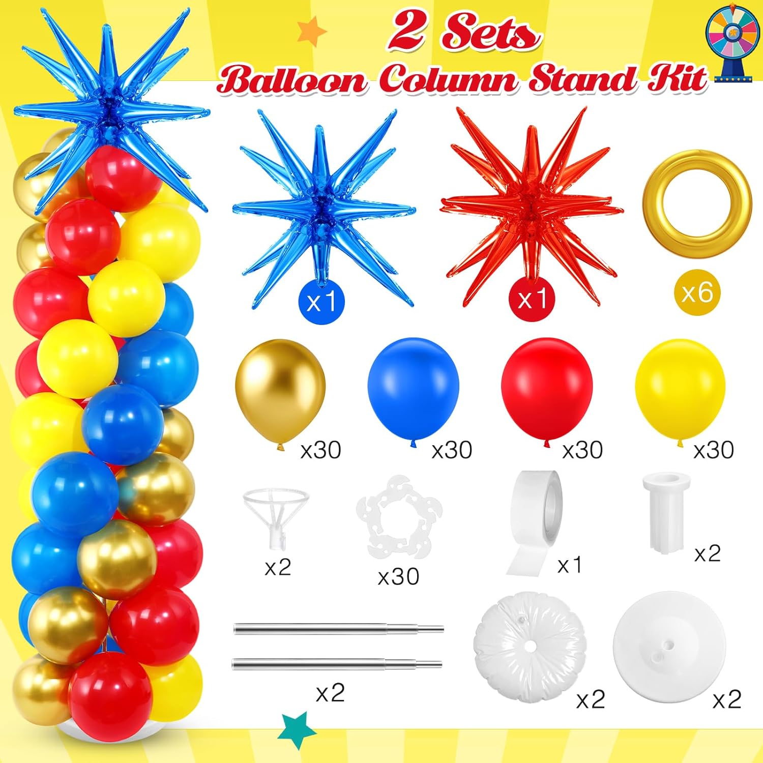 Sosation 2 Set Red Blue Yellow Balloon Column Stand Kit with 2 Explosion Star Foil Balloons 90 Latex Balloon 6 Gold Ring Foil Balloons Adjustable Stands for Video Game Birthday Carnival Party