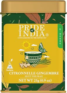Pride of India | Lemongrass Ginger Zesty Fresh Tea | 15 Pyramid Full Leaf Individually Wrapped Tea Bags | 100% Herbal Blend from Single Origin | Tangy & Spicy Flavor | Caffeine-Free