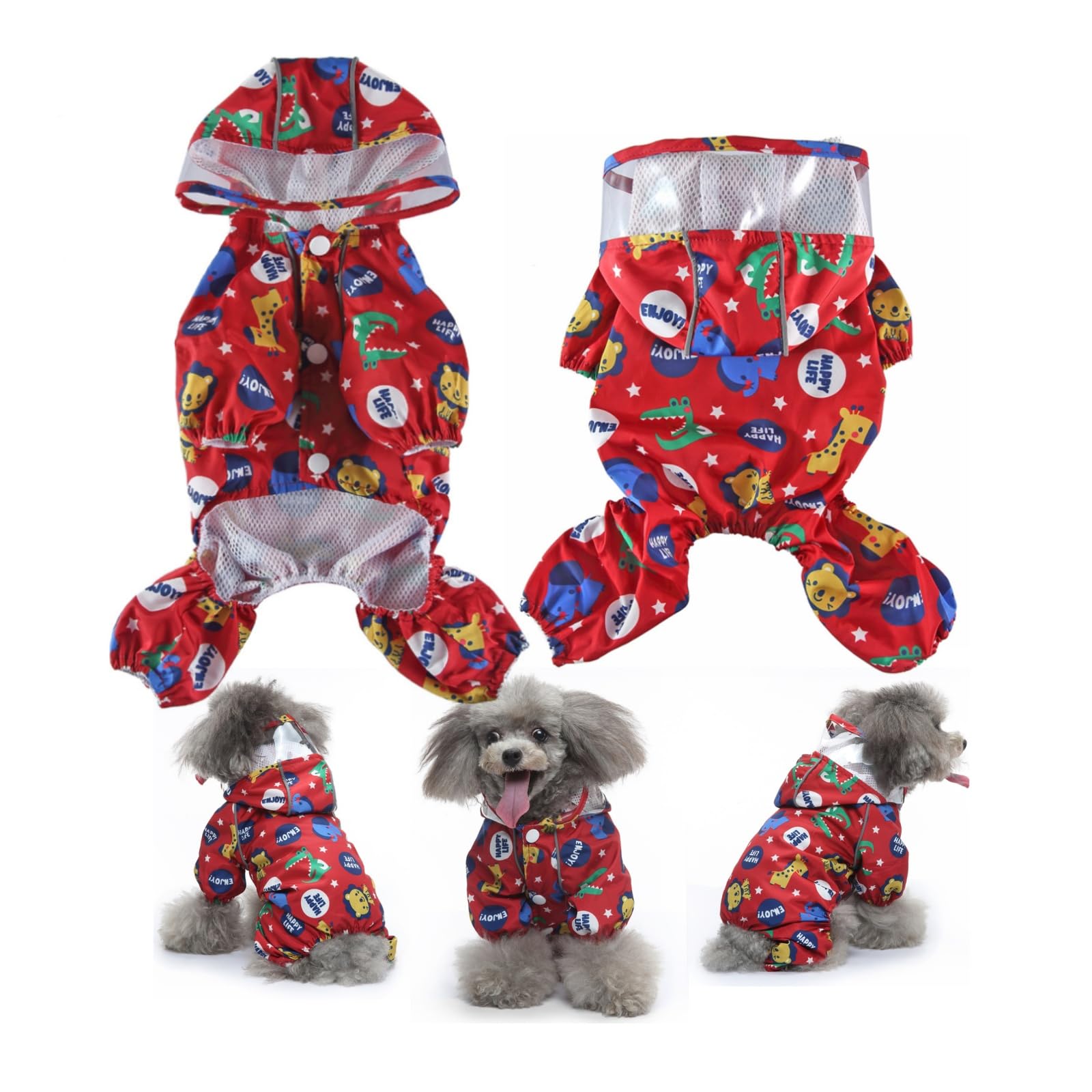 Dog Raincoat with Hood, Waterproof & Windproof Rain Jacket for Small Dogs Boy Girl, Packable, Adjustable, Funny Animal Pattern Raincoats with Legs 1.5kg to 8kg Available (Wine,L)