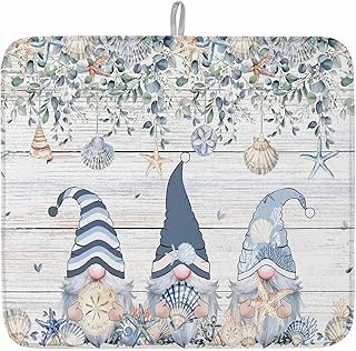 Coastal Eucalyptus Leaf Dish Drying Mat for Kitchen Counter Ocean Blue Gnomes Starfish Wood Grain Baby Microfiber Drying Pad, Absorbent Coffee Cup Dishes Drainer Mats 16"x18", 1 Pcs