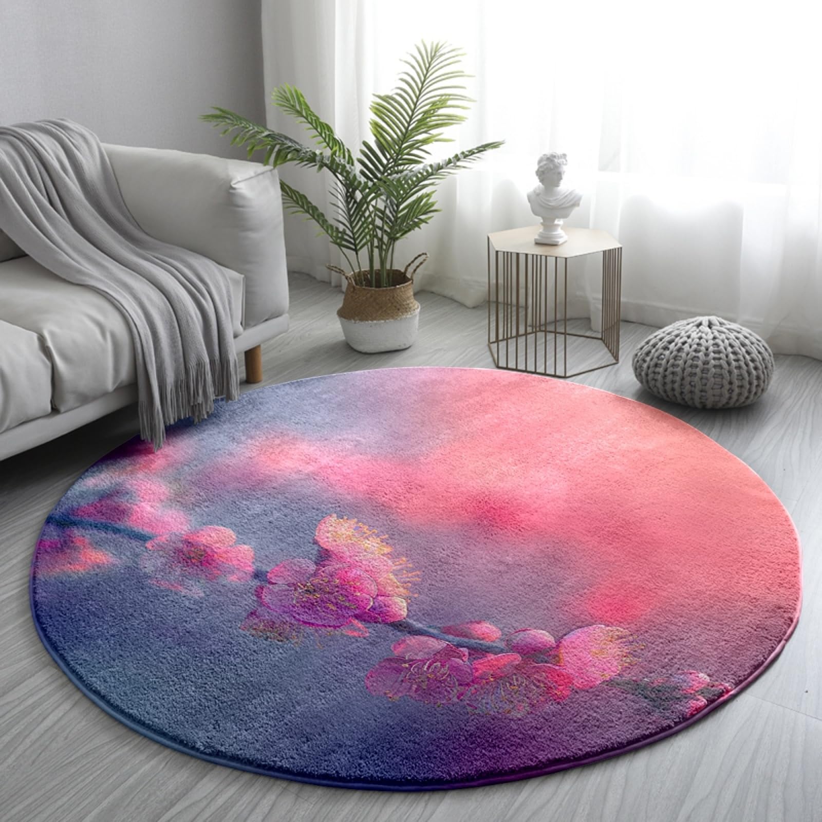 Teppich Rund 200Cm Waschbar Schöne Blumen Rutschfester Kurzflor Teppich Wohnzimmer, Schlafzimmer Carpet für Büro ， Eingangsbereich, Kinderzimmer