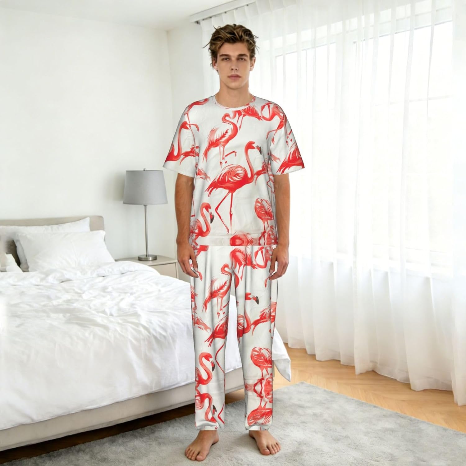 Men'S 2 Piece Loungewear Pajama Set Flamingos On White Print Short Sleeve Tee Top And Pants Set S-3xl