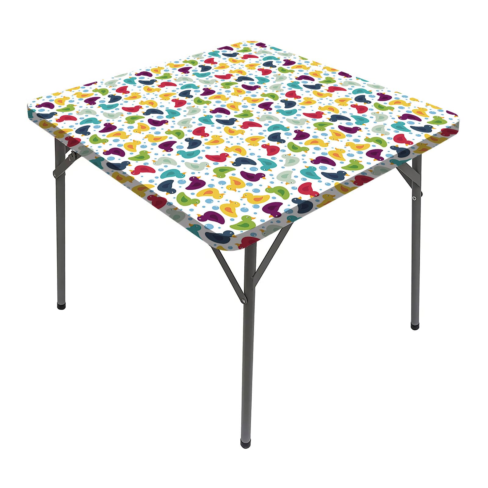 JUNTAIY Cartoon Elastic Square Tablecloth, Bath Ducks Background Washable Spill Proof Table Cover, Fits 24x24 inch Table, for Restaurants Picnic Patio