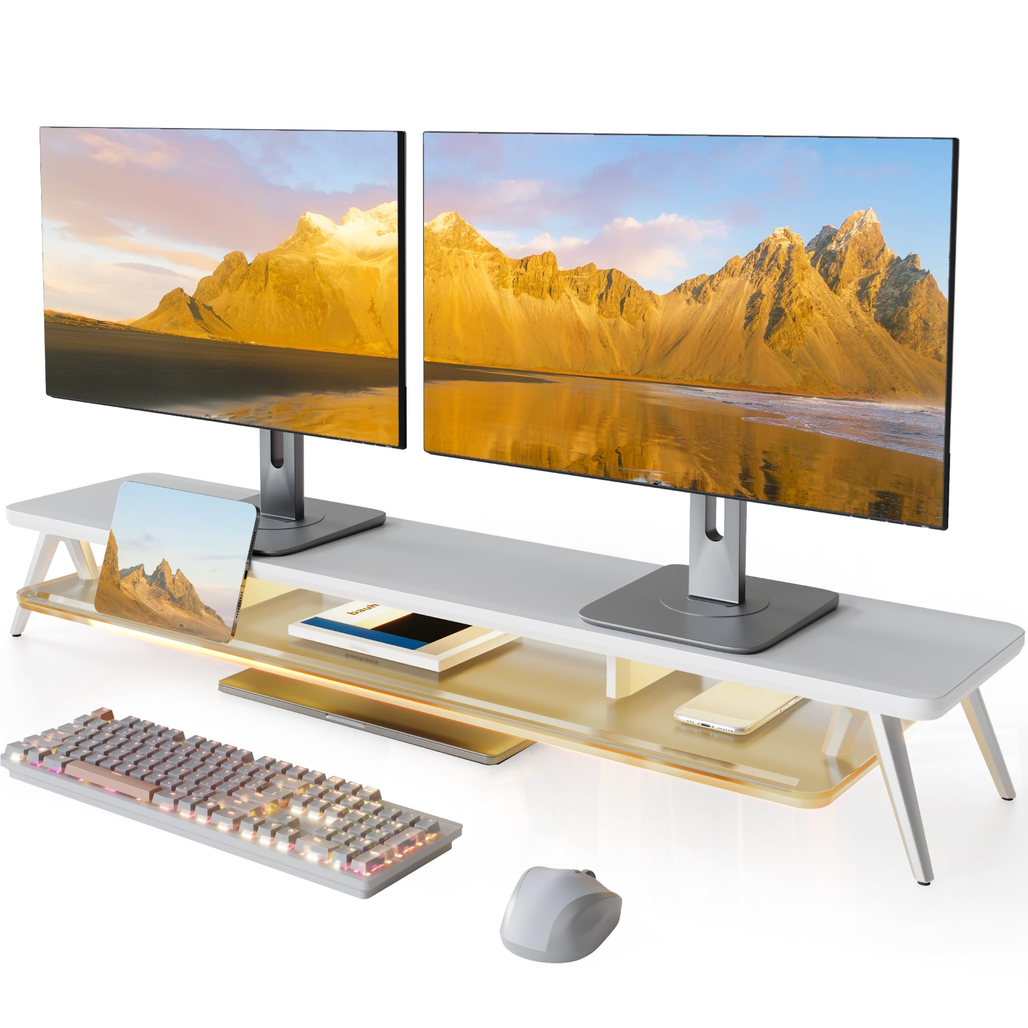 Fenge Soporte Monitor, 108cm, Luces LED, Pantalla Ordenador, Blanco | 2 Monitores, Hasta 45kg, Color Intercambiable, Ranura Smartphone Tablet Bolígrafo, Estante Acrílico, PC TV Escritorio Oficina