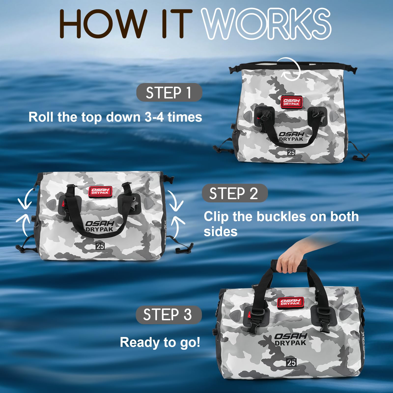 OSAH DRYPAK Bolso de Lona Impermeable - Bolsa Trasera estanca para Moto con Gran Espacio, Equipaje Impermeable con Bolsillo Exterior de Malla con Cremallera para Acampada, Kayak, Pesca y Viajes