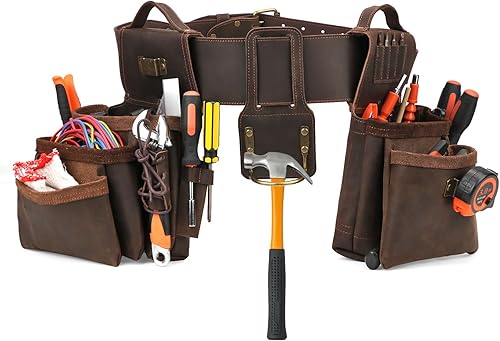 Miniatura 2 de Tourbon Cinturón de herramientas de cuero genuino para carpintería, multiusos, organizador de bolsillos para electricista, bolsa de soporte para