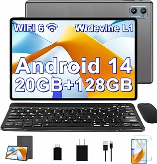 2025 Tablet 10 inch Android 14 Tablets with Keyboard Mouse, 20GB RAM 128GB ROM 1TB Expand 2 in 1 Tablet with Octa-core 6000mAh, HD IPS Display, Widevine L1, 5G WiFi 6, Dual Camera, GMS (Gray)