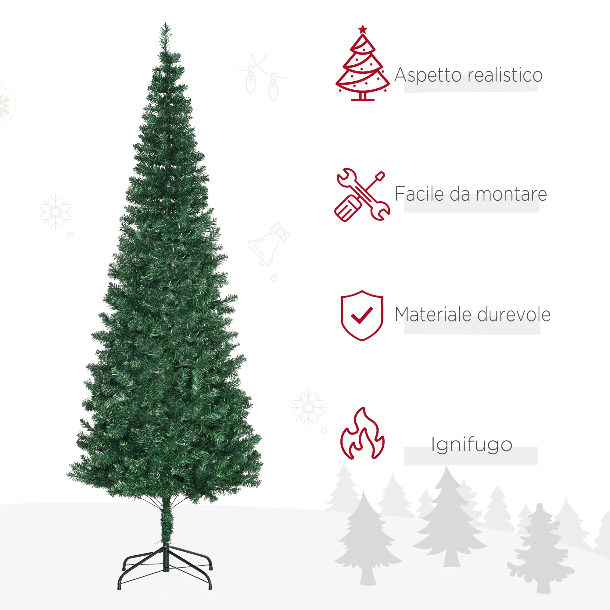 HOMCOM Albero di Natale Slim Artificiale 210 cm con Rami Realistici, Albero di Natale Alto e Stretto con Base Pieghevole, Verde
