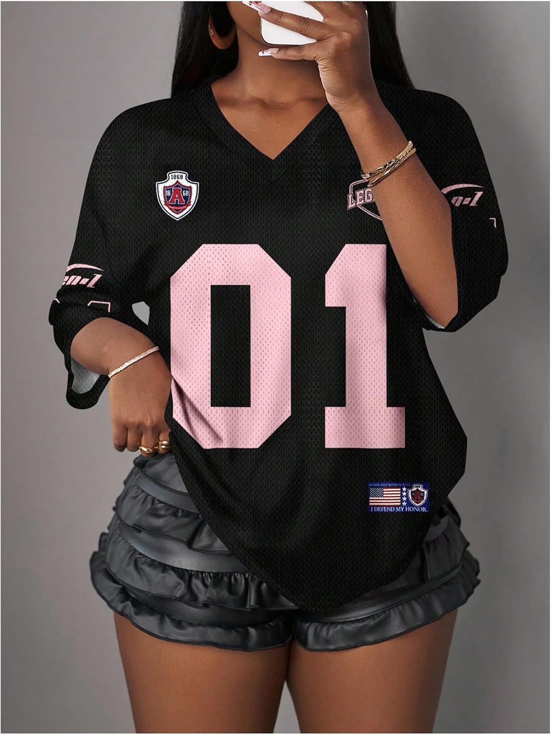 Women's Number Graphic Mesh Jersey Shirt V Neck 3/4 Sleeve Football Tee Tops Sportswear - Image 3